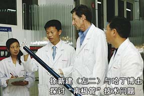 徐新建（左二）與哈丁博士探討“南極管”技術(shù)問題
