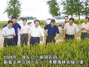 2006年，時(shí)任黑龍江省省長的張左已（前排右四）、副省長申立國（左一）考察海林農(nóng)場小麥種子田